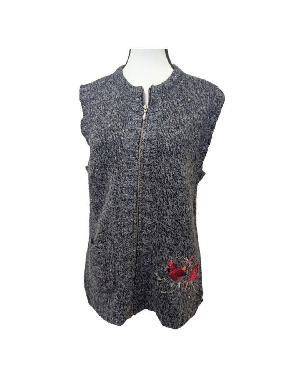 Woolrich Cardinal Embroidered Zip Sweater Vest Black Heather Size M Cottagecore - Picture 5 of 16